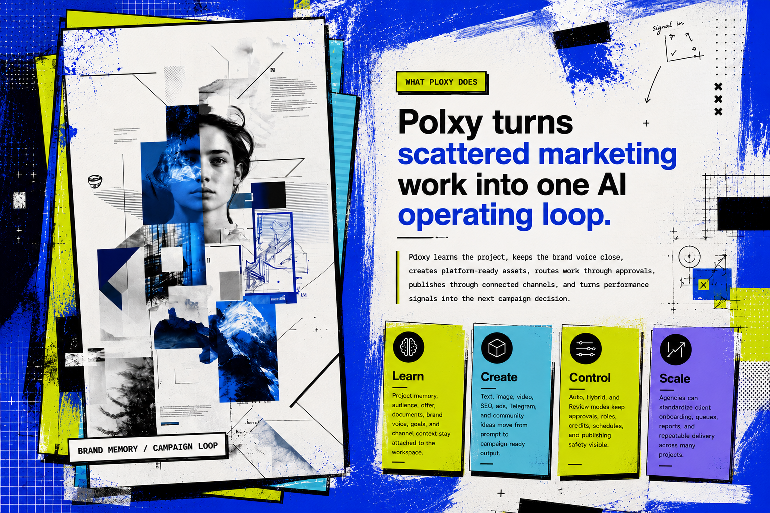 Polxy AI marketing operating loop explainer artwork