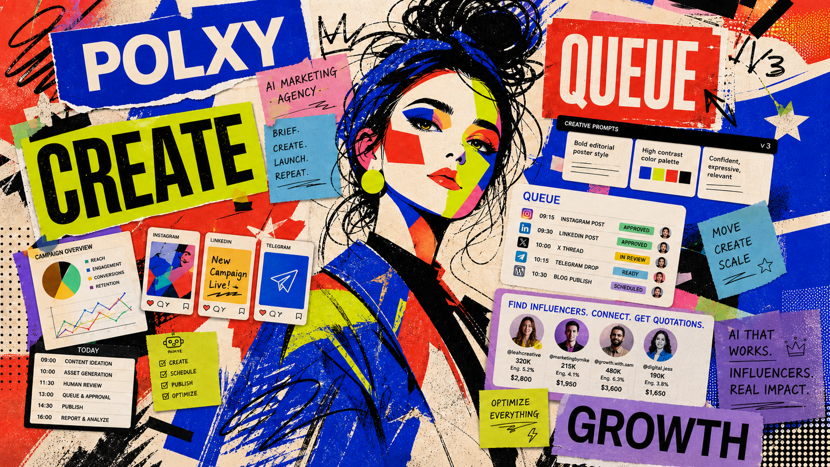 Polxy marketing hive with stylized agent artwork