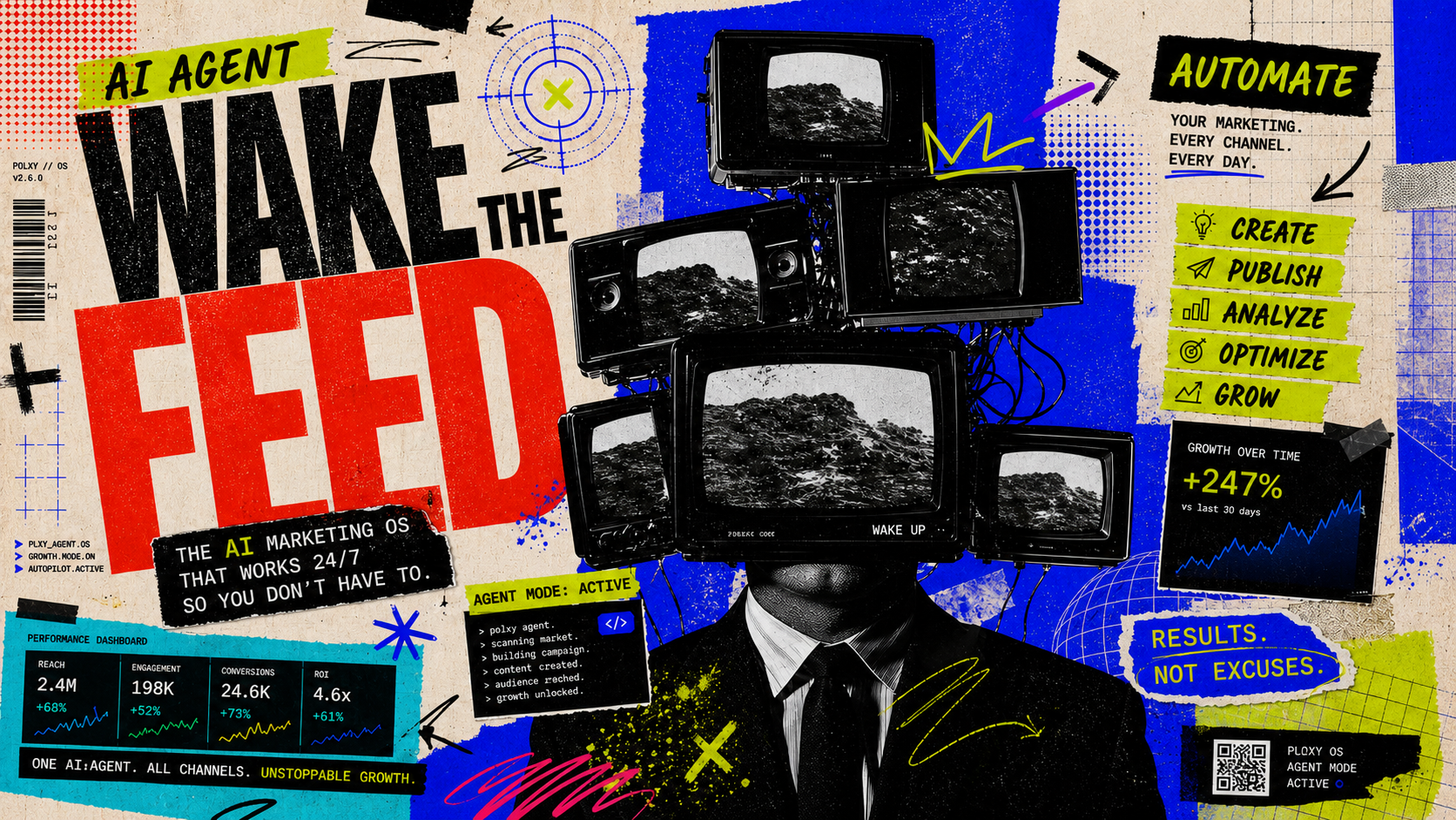 Polxy wake the feed maximalist AI marketing artwork